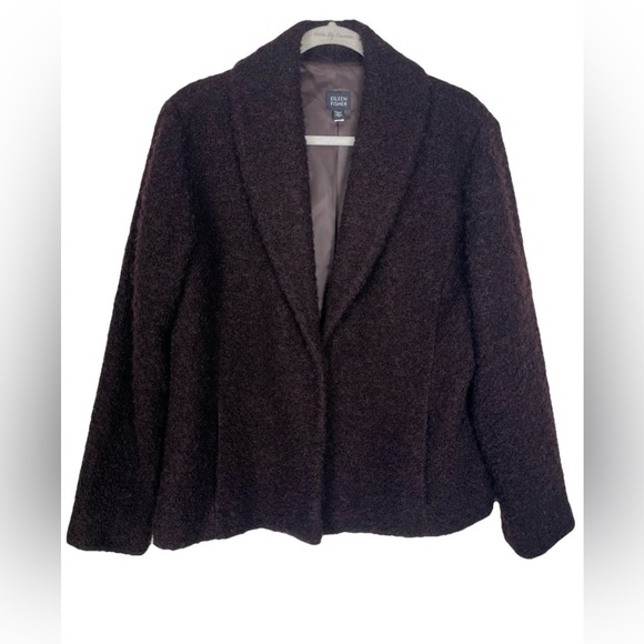 EILEEN FISHER Jacket Wool Boucle Coat Shawl Lapel Hook & Eye Brown Womens Size L - Picture 1 of 7